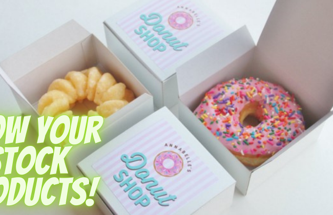 stock products in custom printed donut boxes